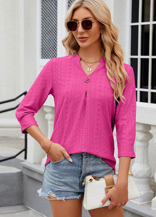 Eyelet Notched Knit Jacquard Top - MimiStylez
