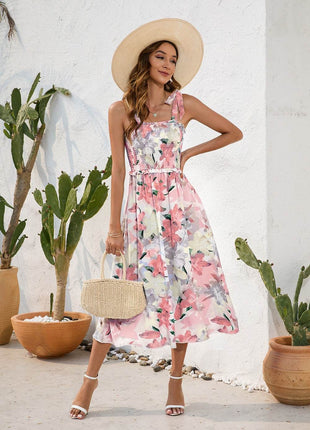 Smocked Printed Square Neck Midi Dress - MimiStylez