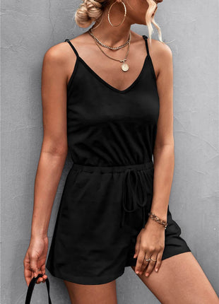 Spaghetti Strap V-Neck Pocket Romper - MimiStylez