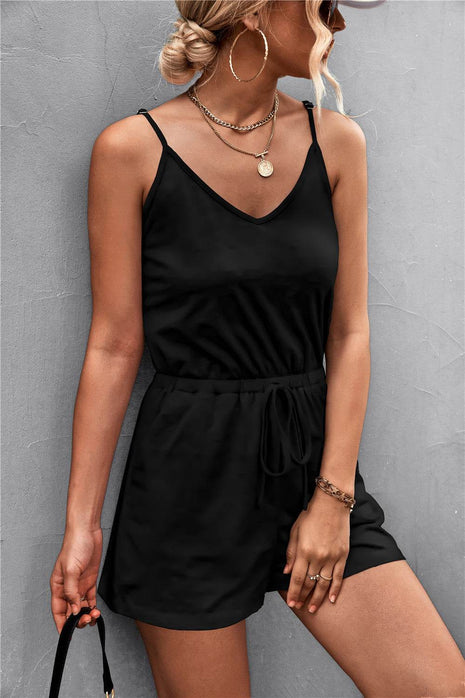 Spaghetti Strap V-Neck Pocket Romper - MimiStylez
