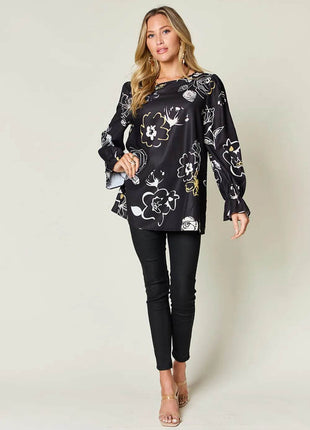 Double Take Full Size Printed Flounce Sleeve Blouse - MimiStylez