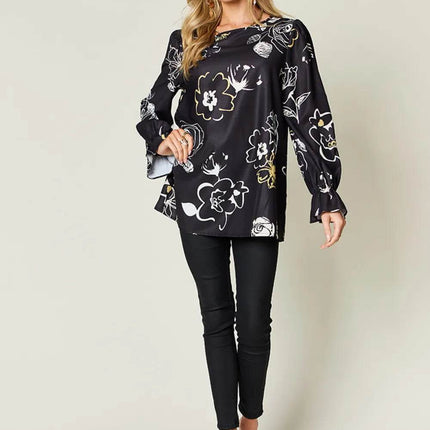 Double Take Full Size Printed Flounce Sleeve Blouse - MimiStylez