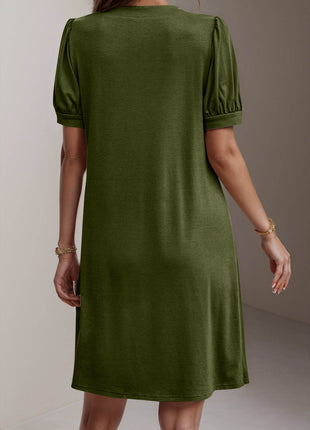 Pin-Tuck Notched Short Sleeve Dress - MimiStylez