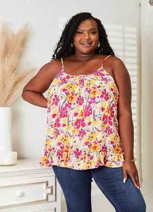 Double Take Floral Scoop Neck Ruffle Hem Cami - MimiStylez