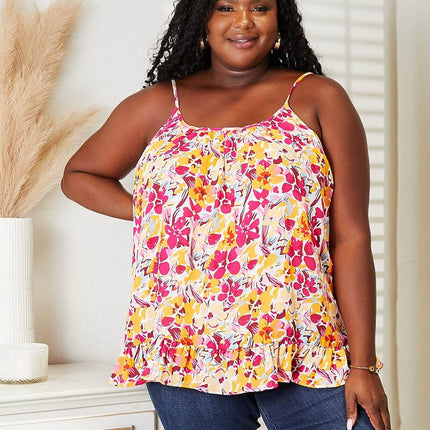 Double Take Floral Scoop Neck Ruffle Hem Cami - MimiStylez