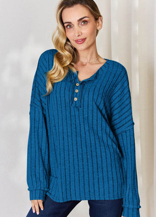 Basic Bae Full Size Ribbed Half Button Long Sleeve T-Shirt - MimiStylez