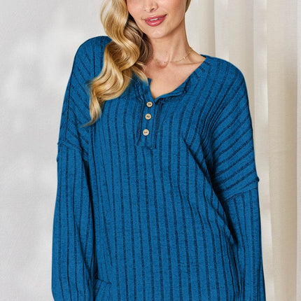 Basic Bae Full Size Ribbed Half Button Long Sleeve T-Shirt - MimiStylez