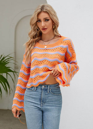 Round Neck Openwork Flare Sleeve Knit Top - MimiStylez