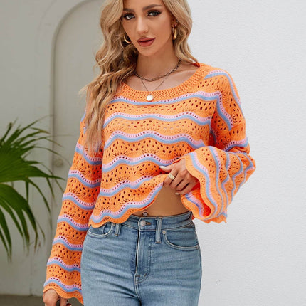 Round Neck Openwork Flare Sleeve Knit Top - MimiStylez
