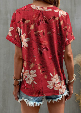 Printed Notched Short Sleeve T-Shirt - MimiStylez