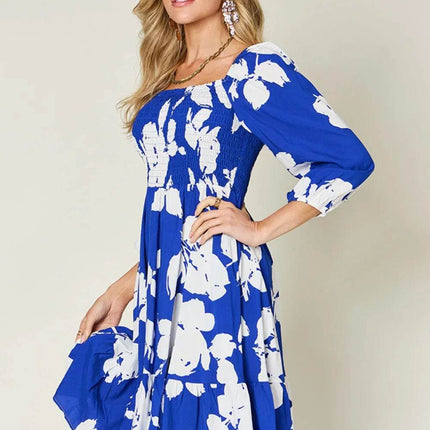 Double Take Full Size Floral Ruffle Hem Smocked Dress - MimiStylez