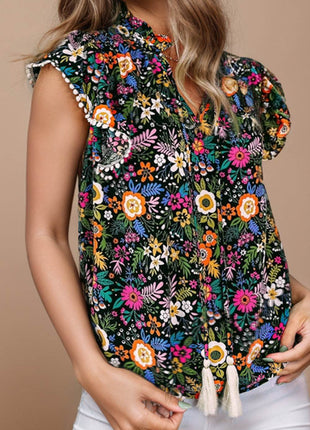 Tassel Printed Cap Sleeve Blouse - MimiStylez