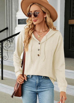 Drawstring Half Button Long Sleeve Hoodie - MimiStylez