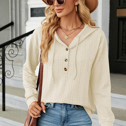 Drawstring Half Button Long Sleeve Hoodie - MimiStylez
