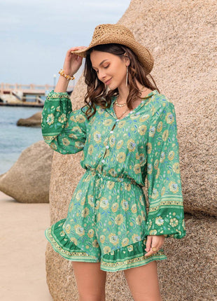 Printed Ruffled Balloon Sleeve Romper - MimiStylez