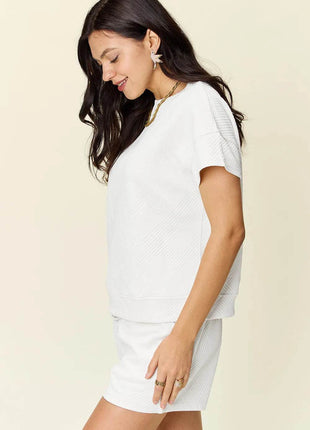 Double Take Full Size Texture Short Sleeve T-Shirt and Drawstring Shorts Set - MimiStylez