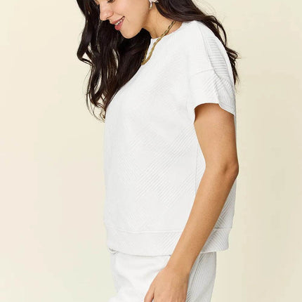 Double Take Full Size Texture Short Sleeve T-Shirt and Drawstring Shorts Set - MimiStylez