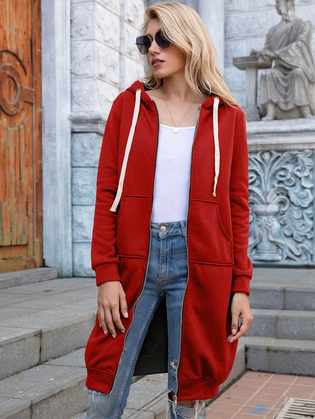 Zip-Up Longline Hoodie with Pockets - MimiStylez