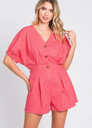 GeeGee Half Button V-Neck Linen Romper - MimiStylez