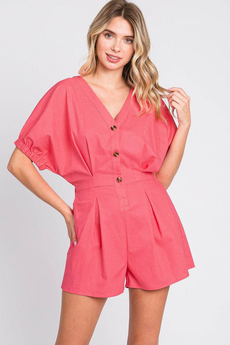 GeeGee Half Button V-Neck Linen Romper - MimiStylez
