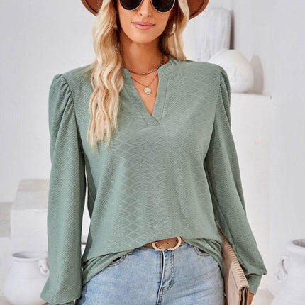 V-Neck Puff Sleeve Blouse - MimiStylez