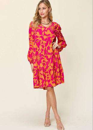 Double Take Full Size Printed Ruffle Hem Dress with Pocket - MimiStylez