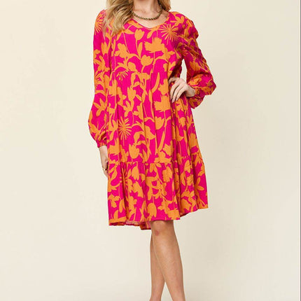 Double Take Full Size Printed Ruffle Hem Dress with Pocket - MimiStylez