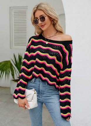 Round Neck Openwork Flare Sleeve Knit Top - MimiStylez