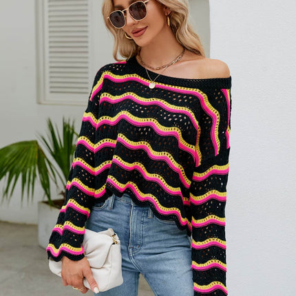 Round Neck Openwork Flare Sleeve Knit Top - MimiStylez
