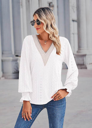 V-Neck Eyelet Flounce Sleeve Blouse - MimiStylez