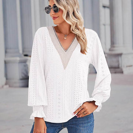 V-Neck Eyelet Flounce Sleeve Blouse - MimiStylez