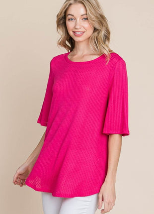 BOMBOM Round Neck Waffle Knit T-Shirt - MimiStylez