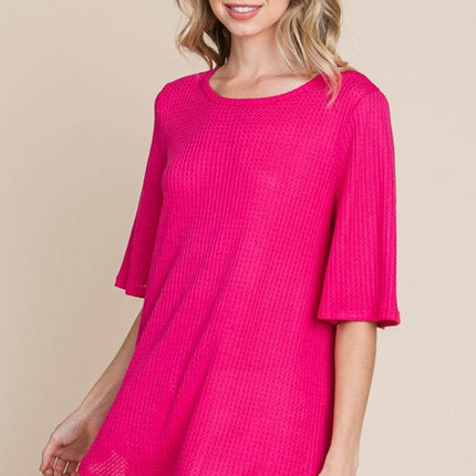BOMBOM Round Neck Waffle Knit T-Shirt - MimiStylez
