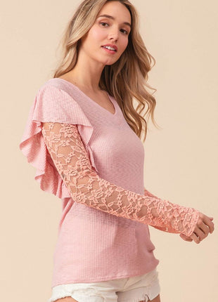 BiBi Ruffled Lace Sleeve Rib Knit Top - MimiStylez