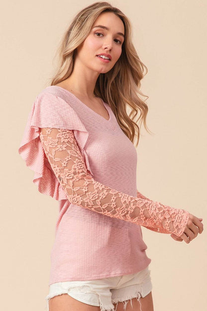 BiBi Ruffled Lace Sleeve Rib Knit Top - MimiStylez