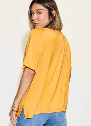 Basic Bae Full Size Bamboo Slit V-Neck Short Sleeve T-Shirt - MimiStylez