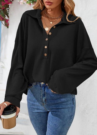 Half Button Collared Neck Long Sleeve Top - MimiStylez