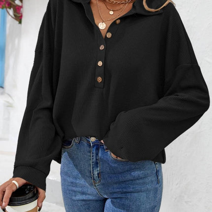 Half Button Collared Neck Long Sleeve Top - MimiStylez