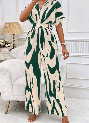 Printed V-Neck Short Sleeve Wide Leg Jumpsuit - MimiStylez