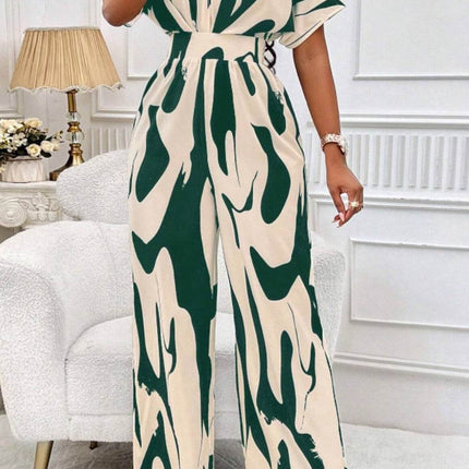 Printed V-Neck Short Sleeve Wide Leg Jumpsuit - MimiStylez