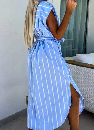 Striped Tie Waist Short Sleeve Dress - MimiStylez
