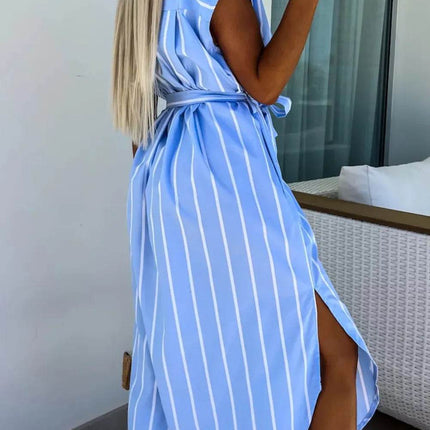 Striped Tie Waist Short Sleeve Dress - MimiStylez