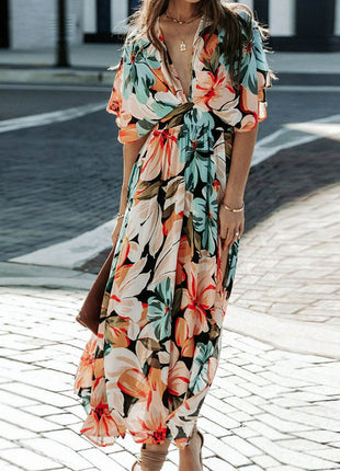 Floral Plunge Half Sleeve Dress - MimiStylez