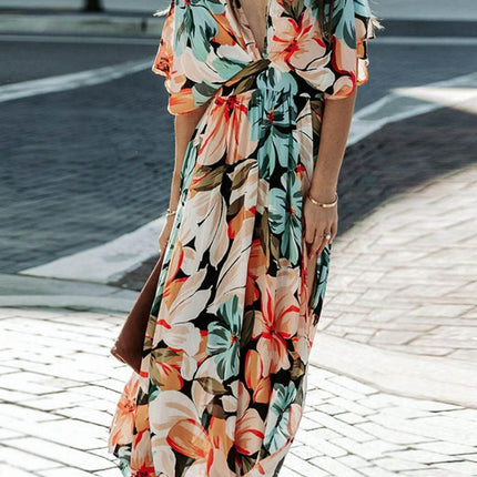 Floral Plunge Half Sleeve Dress - MimiStylez