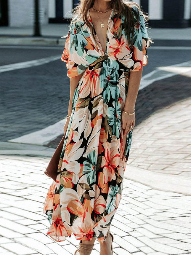 Floral Plunge Half Sleeve Dress - MimiStylez