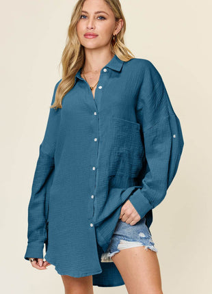 Double Take Full Size Pocketed Texture Button Up Shirt - MimiStylez