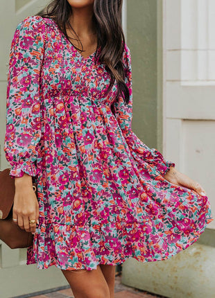 Floral Smocked V-Neck Flounce Sleeve Dress - MimiStylez