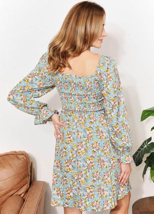 Floral Smocked Flounce Sleeve Square Neck Dress - MimiStylez