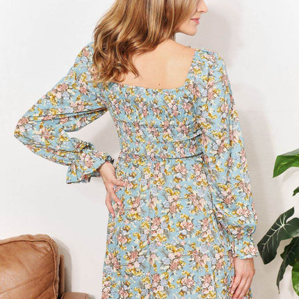 Floral Smocked Flounce Sleeve Square Neck Dress - MimiStylez