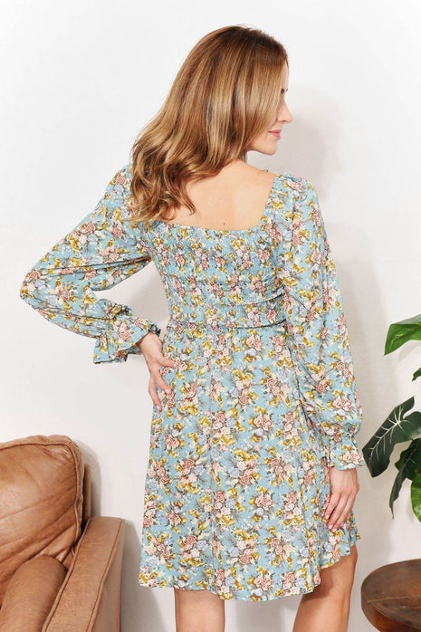 Floral Smocked Flounce Sleeve Square Neck Dress - MimiStylez